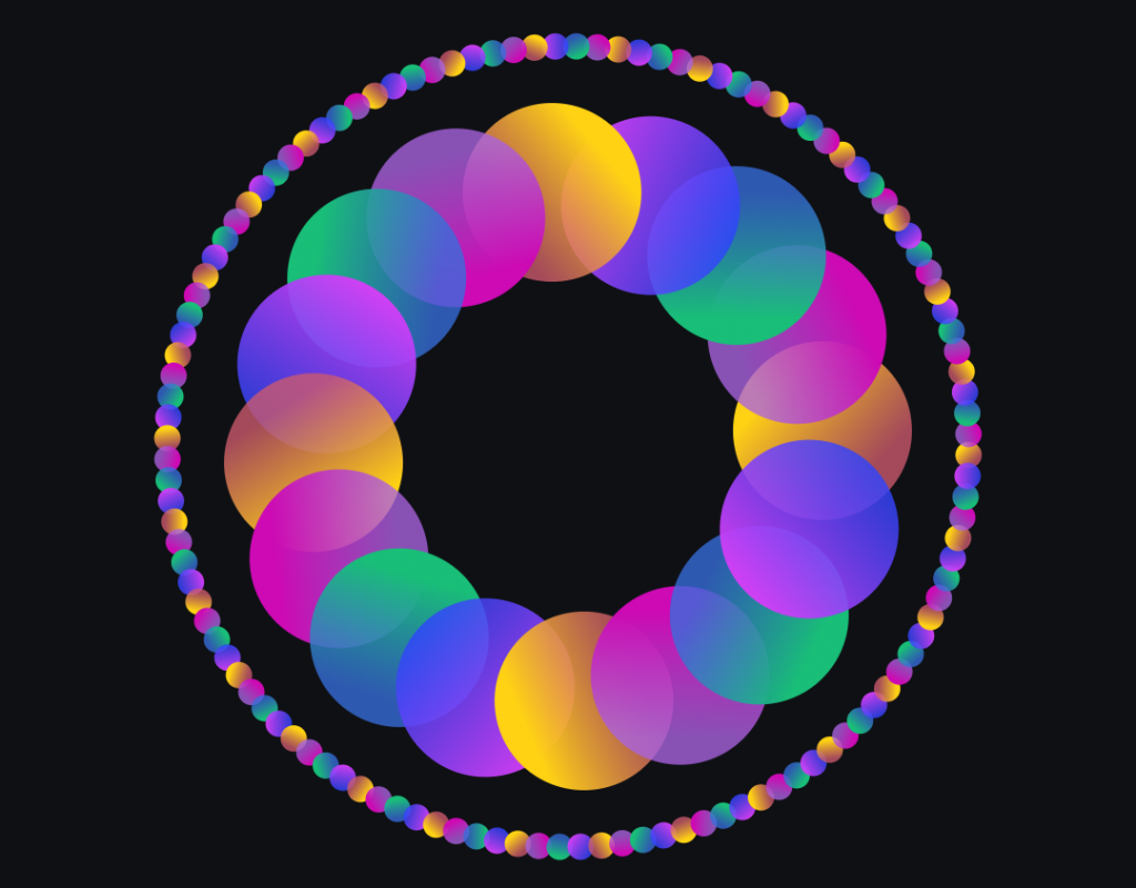 Image with black background and two rings of colorful circles.